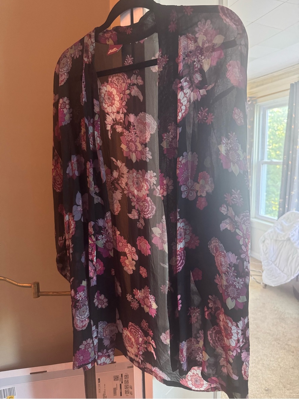 Sheer Floral Kimono- Pink & Purple Floral on Black